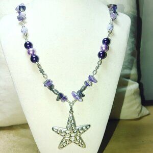 Starfish Pendant Necklace Amethyst Purple Beads Silver Tone Closure Heart Clasp